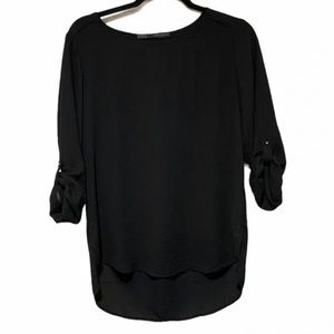 Zara Basic Sheer Black Hi Low 3/4 Sleeve Blouse